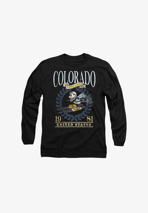 Schwarzes Langarm-T-Shirt mit einem Colorado-Design, das eine Cartoonfigur, Text und dekorative Elemente in hellen Farben zeigt.