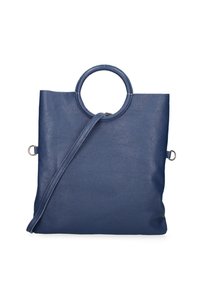 Borsa in pelle blu navy con forma strutturata, manico circolare, tracolla removibile e superficie texturizzata.