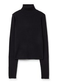 Schwarzer gerippter Rollkragenpullover mit langen Ärmeln, tailliertem Design und leicht verkürzter Länge. Strukturiertes Strickmaterial.