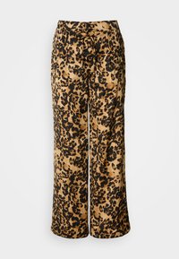 Pantaloni a gamba larga in stampa leopardata color sabbia con macchie nere. Presentano una vita con coulisse e due tasche laterali. Texture liscia.