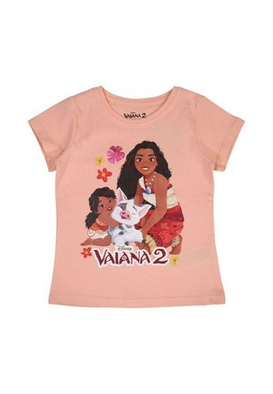 T-shirt en coton pêche arborant un design imprimé de deux personnages et d'un cochon, entourés de fleurs, avec le texte "Disney Vaiana 2" en bas.