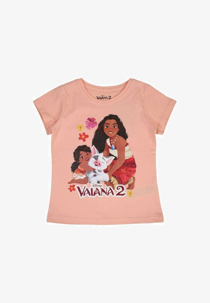 T-shirt en coton pêche arborant un design imprimé de deux personnages et d'un cochon, entourés de fleurs, avec le texte "Disney Vaiana 2" en bas.