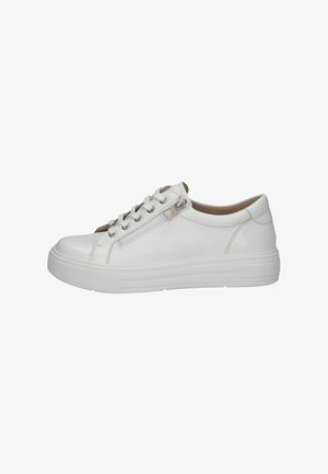 Bela usnjena superga z zaobljenim prstom, ravnim gumjastim podplatom, vezanjem spredaj in z dodatnim zadrgo na strani. Gladka tekstura.