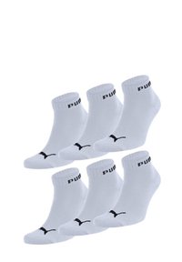 White ankle socks with black "PUMA" branding and logo on the front. Set of six pairs, cotton blend material, ribbed cuff for fit.
