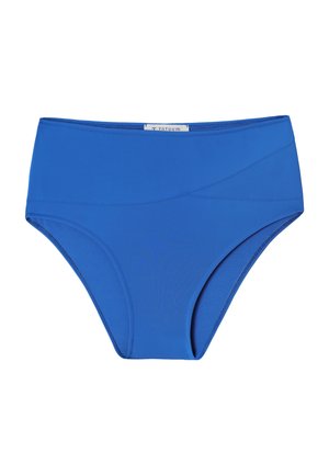 High-waisted bikini bottom in vibrant blue, made of smooth fabric. Features a seamless design with subtle stitching accents.