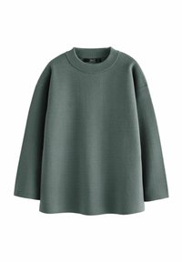 Grågrön långärmad tröja med rund halsringning, tillverkad av textil med struktur, med en lös passform och design med sänkt axel.