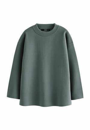Maglione grigio-verde a maniche lunghe con scollo rotondo, realizzato in tessuto texturizzato, caratterizzato da una vestibilità ampia e un design con spalle scese.