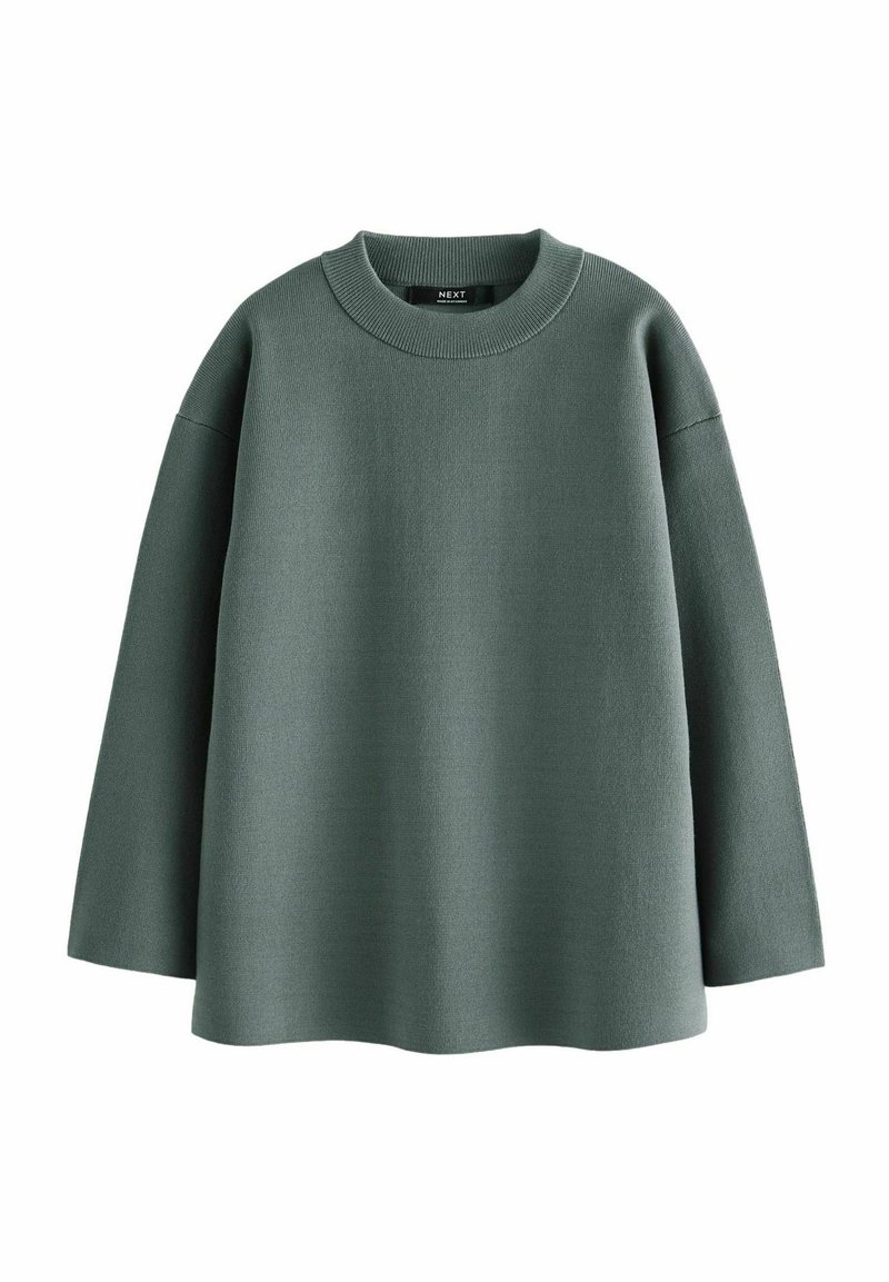 Grågrön långärmad tröja med rund halsringning, tillverkad av textil med struktur, med en lös passform och design med sänkt axel.