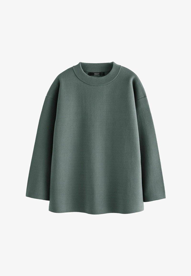 Harmaanvihreä pitkähihaine neulepaita pyöreällä pääntiellä, valmistettu teksturoidusta kankaasta, jossa on löysä istuvuus ja roikkuvat olkasangat.