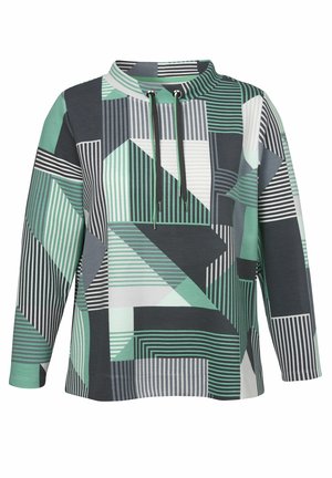 Pullover met lange mouwen en een geometrisch gestreept patroon in groen, zwart en wit, voorzien van een korte halslijn met zwarte trekkoorden.