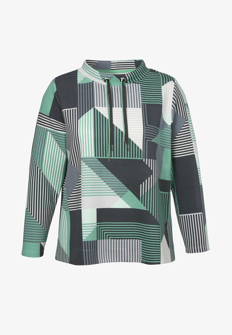 Long-sleeve pullover with green, black, white geometric striped pattern and a short neckline with black drawstrings.