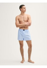 Boxers en coton rayés bleus et blancs avec une taille élastique et un bouton à l'avant. Caractéristiques : coupe classique et texture douce pour un confort optimal.