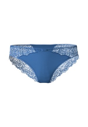 Mutande di cotone blu con pizzo lungo l'elastico e le gambe, caratterizzate da motivi floreali e un piccolo dettaglio a fiocco sul davanti.