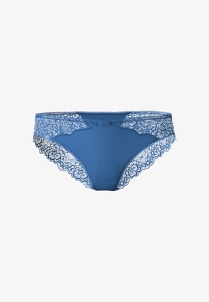 Culotte en coton bleu avec des bordures en dentelle le long de la taille et des jambes, ornée de motifs floraux et d'un petit nœud à l'avant.
