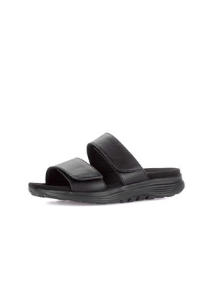 Sandale noire à glissière avec deux brides réglables et une semelle coussinée conçue pour le confort et le soutien.