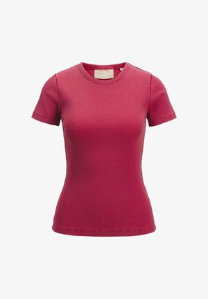 T-shirt z krótkim rękawem, w ribbowanym wzorze, w intensywnym różowym kolorze. Dopasowany krój z okrągłym dekoltem i gładką teksturą. Brak widocznych wzorów czy akcentów.