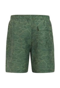 Groene zwembroek met golfpatroon, elastische tailleband en achterzak. Gemaakt van lichtgewicht stof met een soepele textuur.