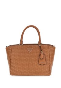 Borsa a tracolla in tessuto intrecciato marrone con manici doppi, logo triangolare sul fronte e un'etichetta chiave staccabile. Misure di dimensioni medie.