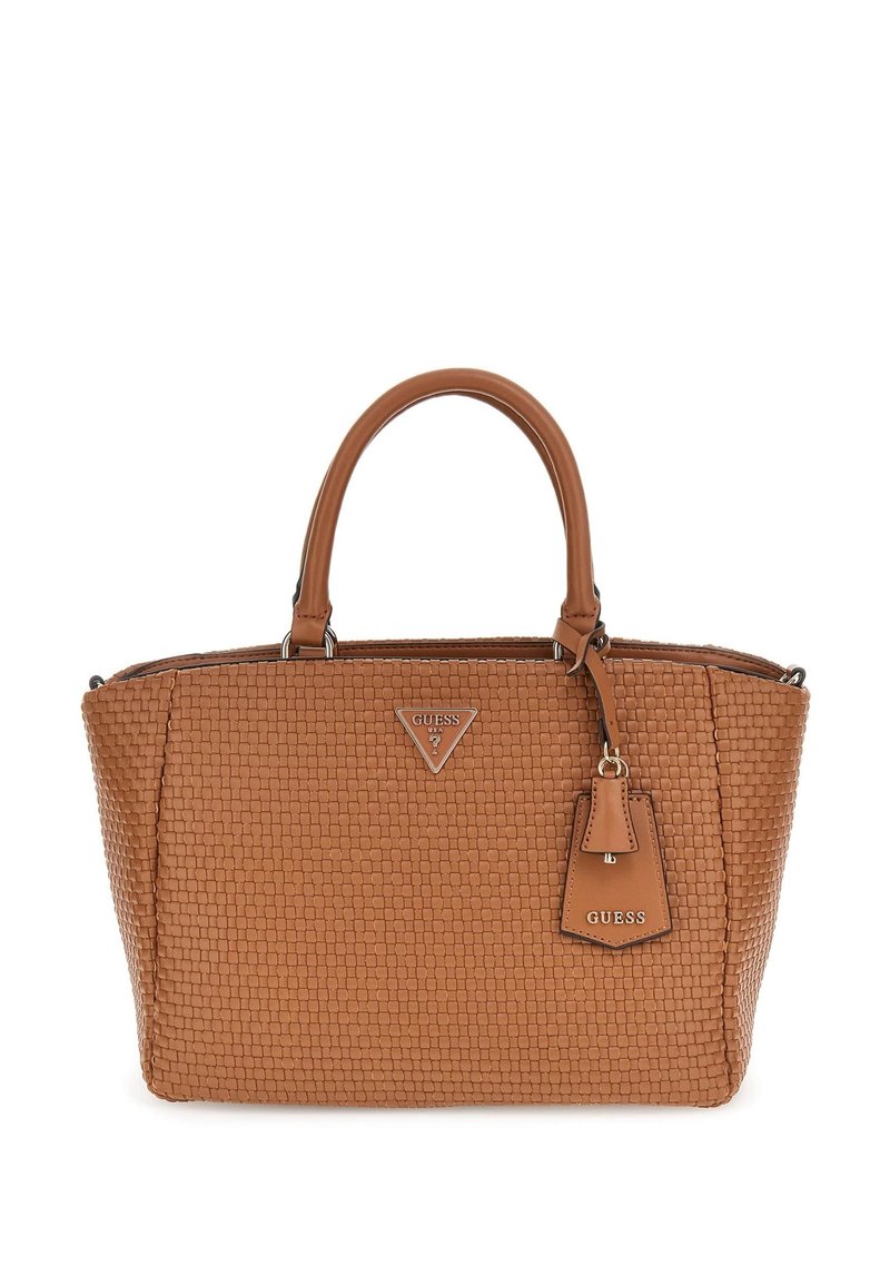 Borsa a tracolla in tessuto intrecciato marrone con manici doppi, logo triangolare sul fronte e un'etichetta chiave staccabile. Misure di dimensioni medie.