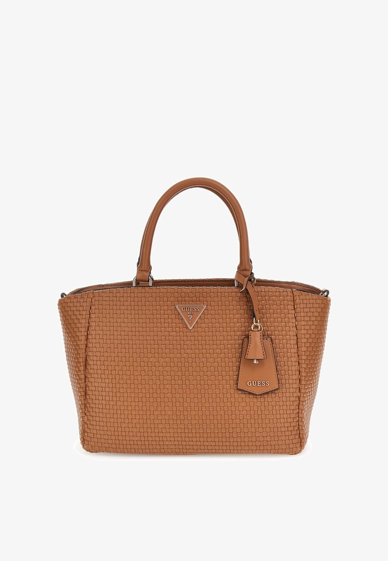 Borsa a tracolla in tessuto intrecciato marrone con manici doppi, logo triangolare sul fronte e un'etichetta chiave staccabile. Misure di dimensioni medie.