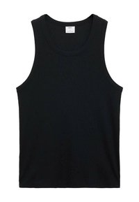 Zwart mouwloos tanktop gemaakt van ribbelstof. Beschikt over een ronde hals en een nauwsluitend ontwerp, met een gladde textuur en scherpe randen.