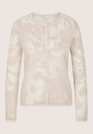 Licht beige button-up cardigan met subtiel bloemenpatroon en lange mouwen, gemaakt van dun gebreid materiaal.