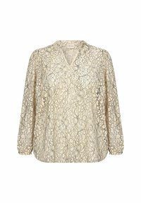 Bluse i blondestof i creme med V-udskæring, lange puffede ærmer og blomsterdetaljer. Letvægtsstof med en let tekstureret overflade.