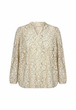 Kanten blouse in crème met een V-hals, lange pofmouwen en bloemenpatroon details. Lichtgewicht stof met een licht gestructureerde afwerking.