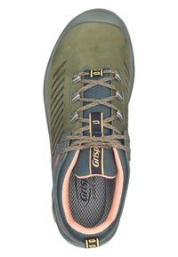 Olive green climbing shoe with a suede upper, mesh lining, gray rubber sole, and reinforced toe cap. Features multicolored laces and branding.