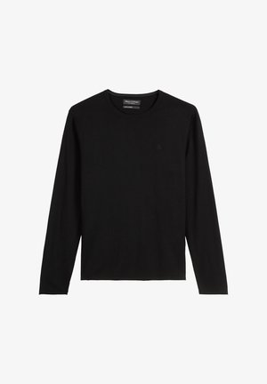 Schwarzes Langarm-T-Shirt aus weicher Baumwolle. Verfügt über einen Rundhalsausschnitt, eine lockere Passform und ein dezentes Logo auf der Brust. Keine sichtbaren Muster.