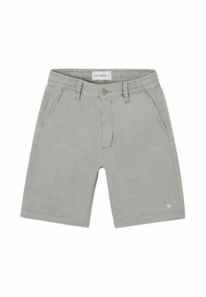 Pantalones cortos infantiles de color gris claro con cintura elástica, cierre con botón, bolsillos laterales y pequeño logotipo en el dobladillo de la pierna izquierda.