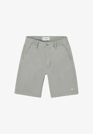 Pantalones cortos infantiles de color gris claro con cintura elástica, cierre con botón, bolsillos laterales y pequeño logotipo en el dobladillo de la pierna izquierda.