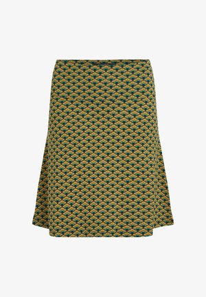 Falda de patrones verdes y dorados con un diseño geométrico, de forma acampanada y textura suave. Largo hasta el muslo con ningún hardware visible.