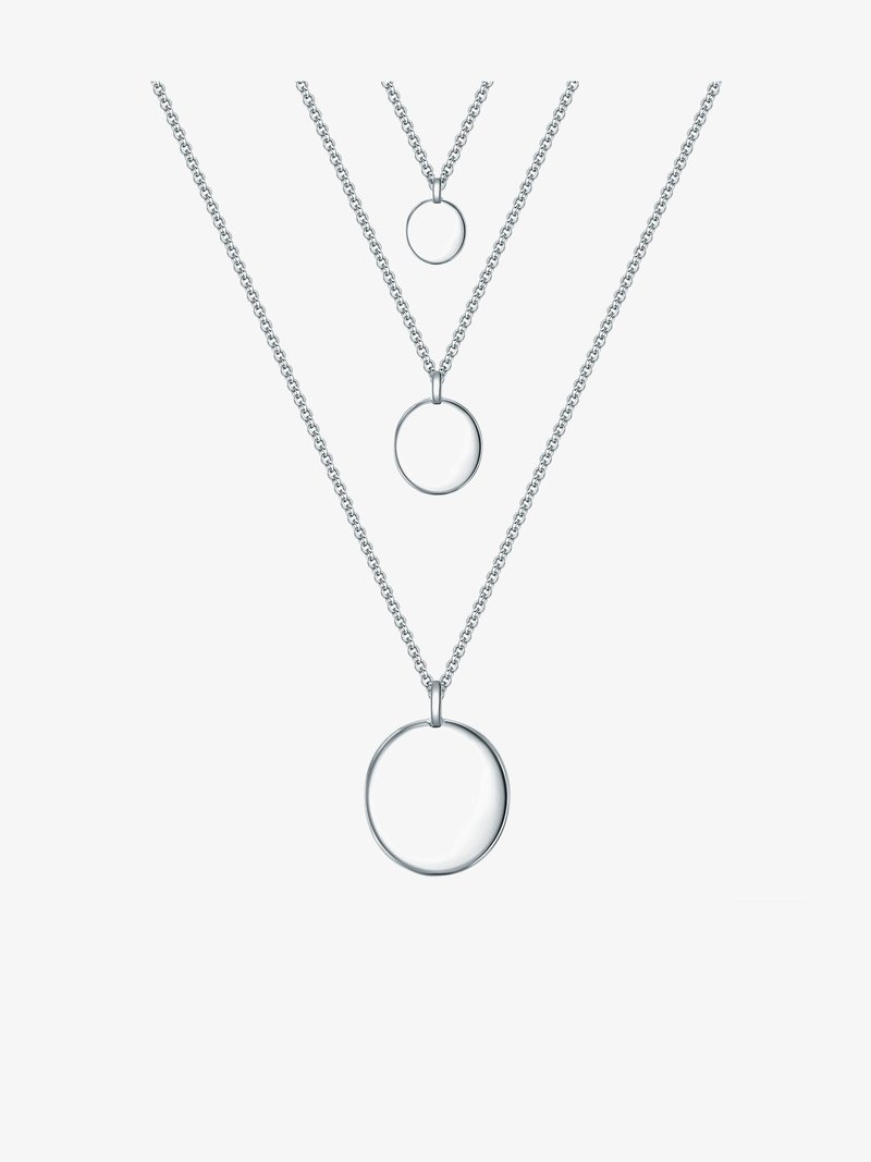 Sølvbelagte halskæder med rundede vedhæng i tre størrelser, der har glatte overflader og sammenkædede kædedesign.