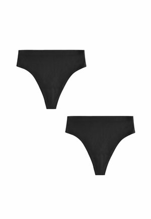Crne rebraste bikinine gaćice s visoko izrezanim dizajnom i mekim tekstilom. Prikazana su dva dijela, minimalističkog stila, bez vidljivih metalnih elemenata.