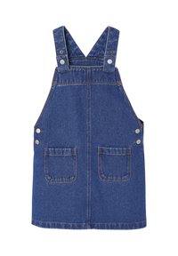 Dunkelblaue Jeans-Overallkleid mit verstellbaren Trägern, zwei Fronttaschen und silbernen Knopfakzenten. Mittellang, klassisches Design.