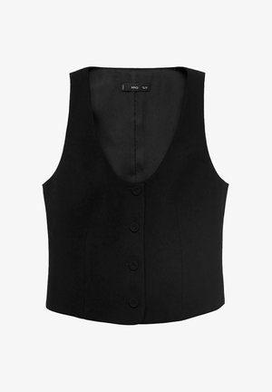 Sort ærmeløs vest med dyb V-udskæring, fem knaplukninger foran og skræddersyet pasform. Lavet af glat stof uden yderligere udsmykning.