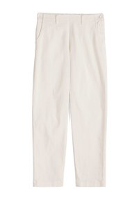Pantalons en coton ivoire à coupe droite, dotés d'une ceinture, de quatre poches et de quatre boutons décoratifs sur le côté droit.