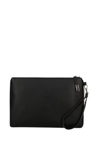 Borsa a mano in pelle nera con finitura testurizzata, hardware in argento e tracolla. Presenta una chiusura con zip nella parte superiore e forma rettangolare.