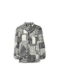 Blusa a motivi bianco e nero caratterizzata da un mix di design geometrici e floreali, chiusura con bottoni e vestibilità comoda con maniche lunghe.