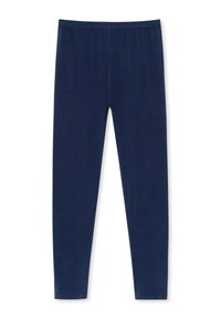 Navy blue leggings made of soft fabric, featuring an elastic waistband, slim fit, and seamless design for comfort and ease of movement.