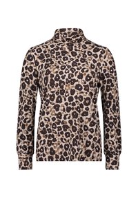 Hnedo-bežový top s dlhým rukávom v leopardom vzore. Vlastnosti zahŕňajú vysoký golier a mäkkú textúru. Voľný strih s elastickými manžetami na rukávoch.