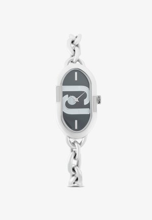 Silver chain-link watch featuring an oval-shaped, dark gray face with silver accents and hour markers. Quartz movement visible.