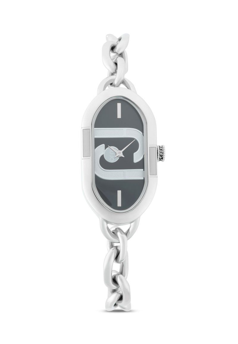 Zilveren schakelarmbandhorloge met een ovaalvormige, donkergrijze wijzerplaat met zilveren accenten en uurmarkeringen. Quartz beweging zichtbaar.