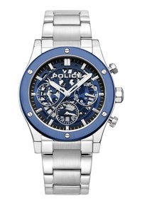 Orologio in acciaio inossidabile argentato con lunetta blu, quadrante scheletro e più sottoquadranti. Presenta lancette luminescenti e il logo "POLICE".