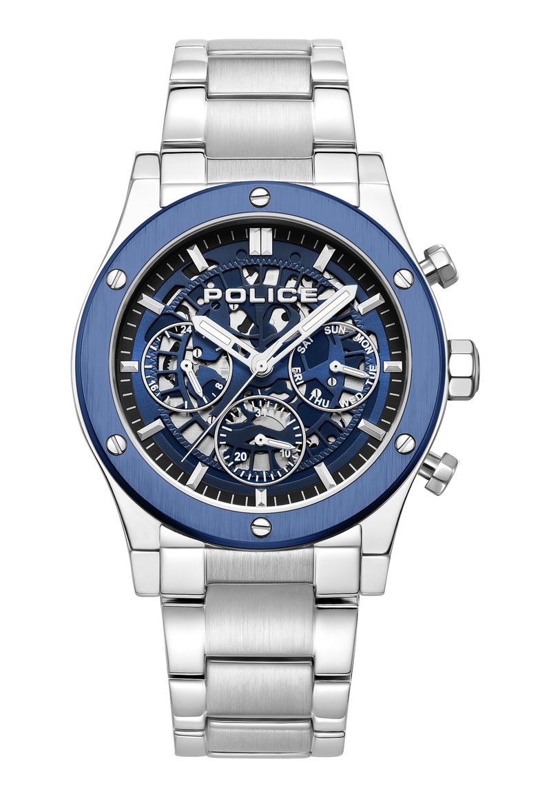 Orologio in acciaio inossidabile argentato con lunetta blu, quadrante scheletro e più sottoquadranti. Presenta lancette luminescenti e il logo "POLICE".