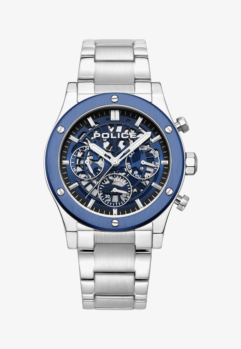 Orologio in acciaio inossidabile argentato con lunetta blu, quadrante scheletro e più sottoquadranti. Presenta lancette luminescenti e il logo "POLICE".