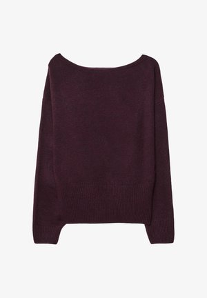 Burgundski pleteni pulover z ohlapnim krojem, širokim izrezom, spušenimi rameni ter rebrastimi manšetami in robom. Mehak material in enostaven design.