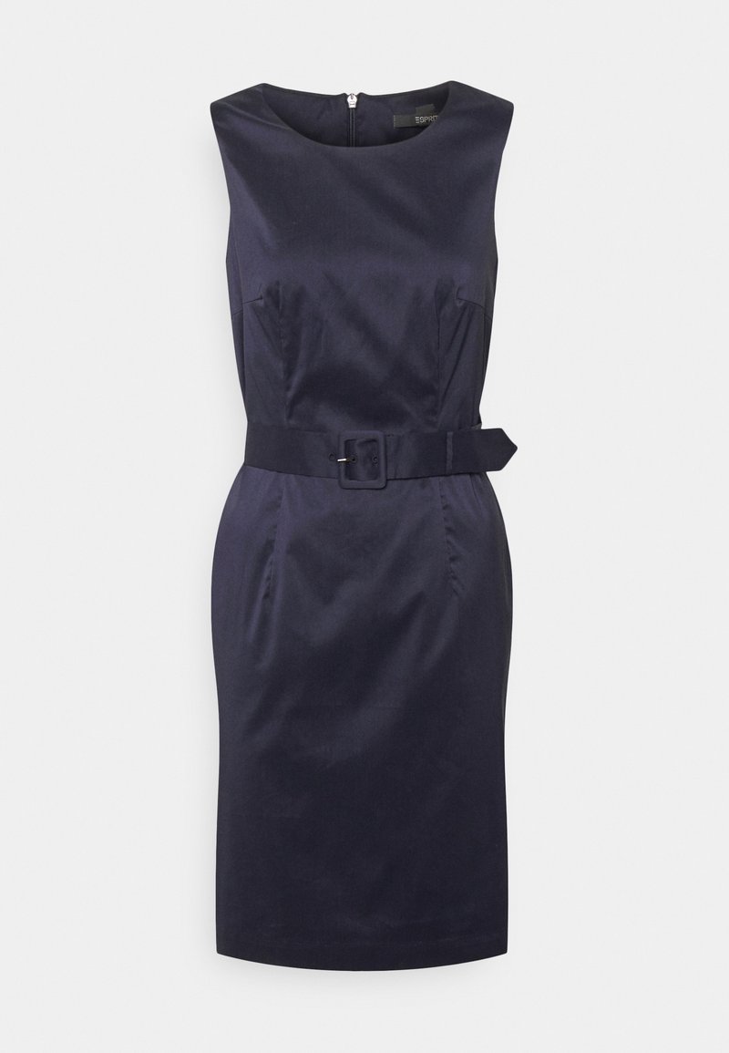 Granatowa dopasowana sukienka z okrągłym dekoltem, paskiem w talii i zapięciem na zamek z tyłu. Gładka tkanina i bezszwowy design.