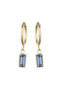 Goldene Creolen mit rechteckigen blauen Edelstein-Anhängern, in goldenen Rahmen gefasst, auf einem weißen Hintergrund präsentiert.